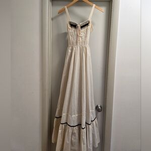 Gunne Sax Cream Maxi Dress with Brown Velvet, Lace, & Floral Trim